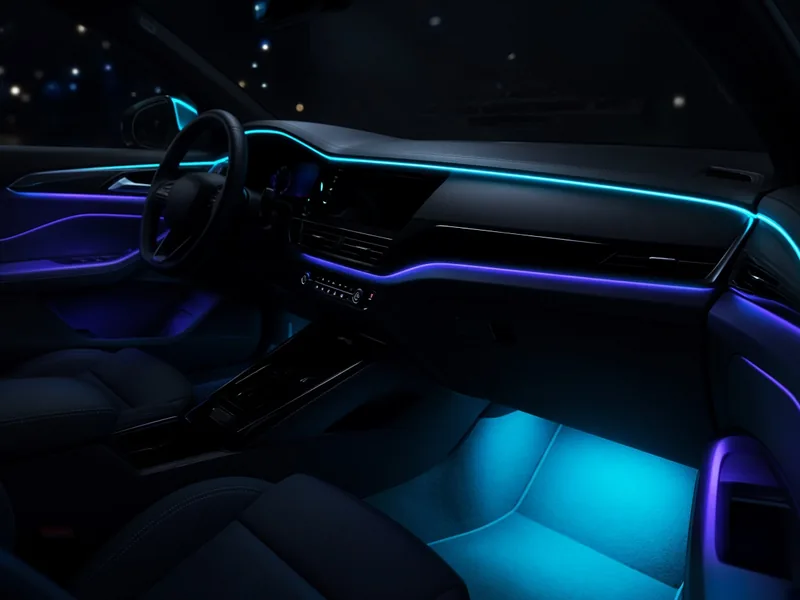 Car interior at night with cyan and purple LED ambient lighting strips