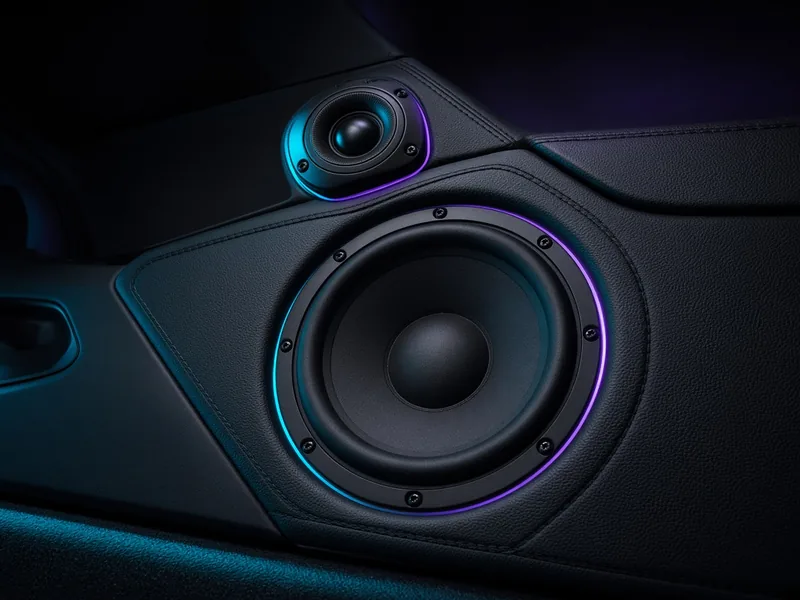 Component speaker and tweeter installed in a car door panel with cyan and purple accent lighting